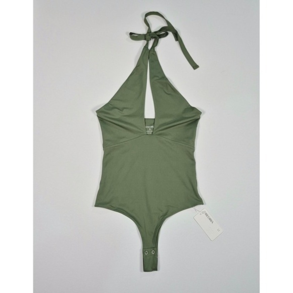 REORIA Womens Halter Neck Deep V Keyhole Bodysuit Olive Green Small NWT